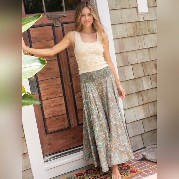 NATURAL LIFE Pants - Natural Life Wanderlust Paisley Palazzo Pants Smocked Waist Boho Wide Leg Blue